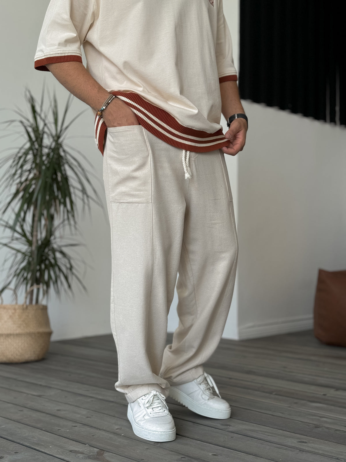 Beige Front Pocket Stitched Trousers HypeCrewConcept