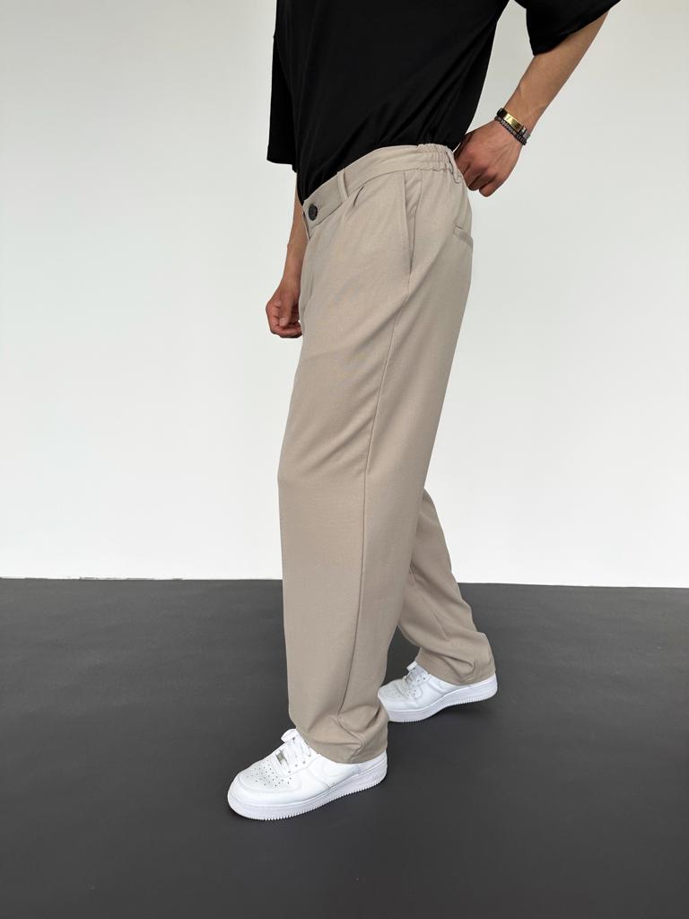 Beige Loose Patterned Fabric Trousers