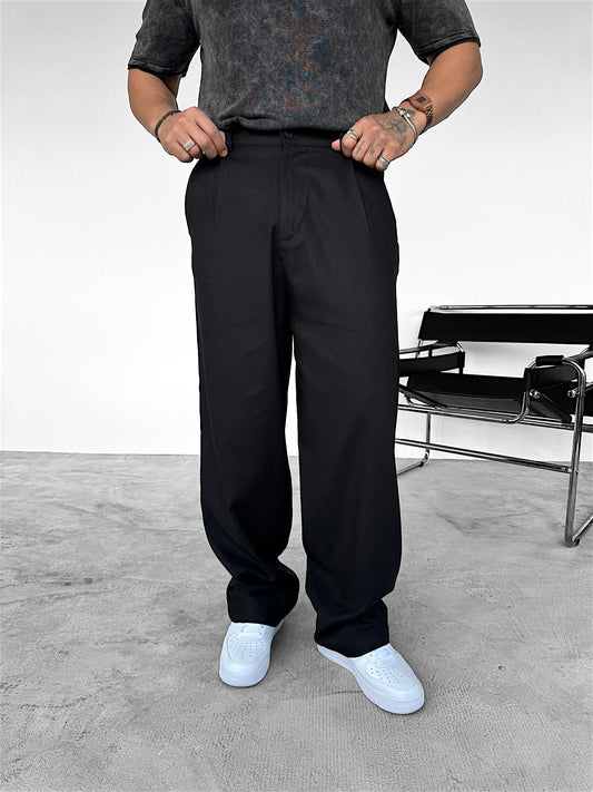 PLEATED RAW LINEN TROUSERS | BLACK