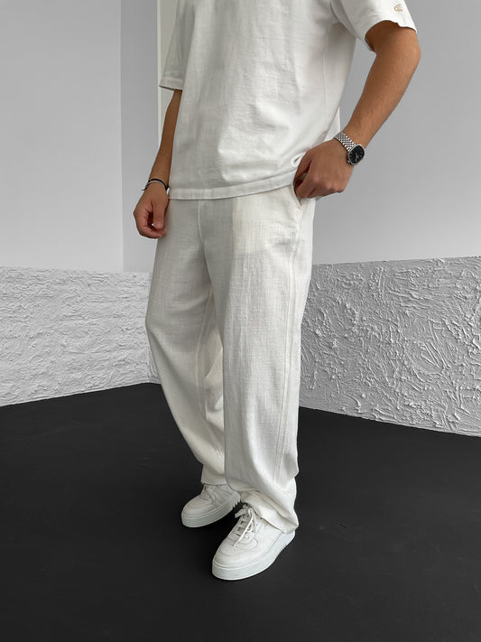 White Back Seam Detailed Linen Trousers