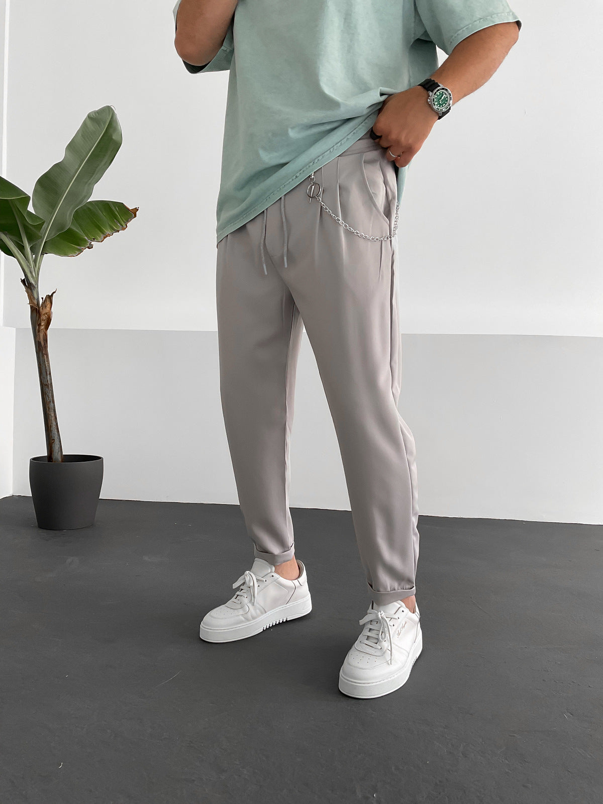 Grey Comfortable Cut Chain Trousers