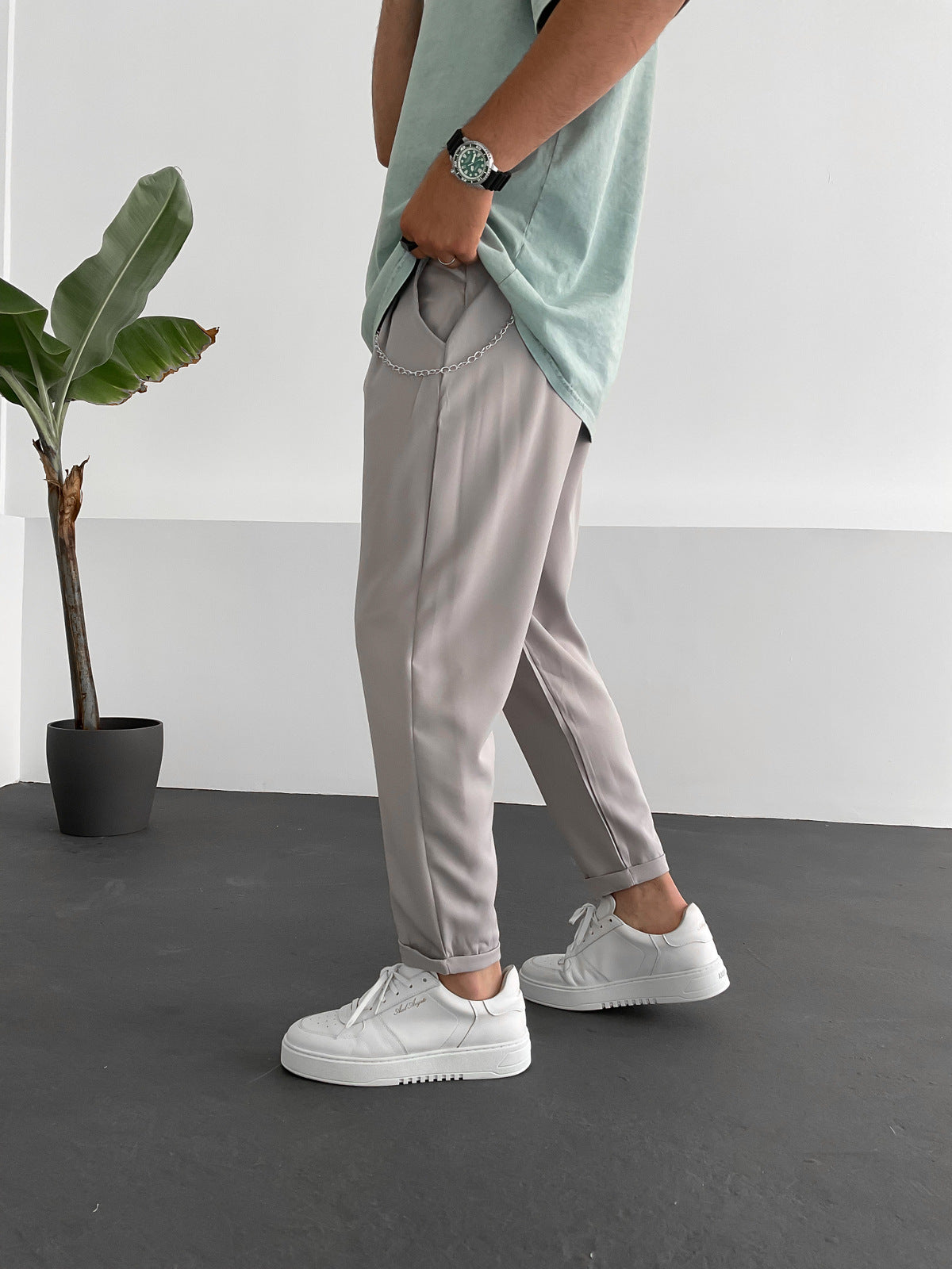 Grey Comfortable Cut Chain Trousers