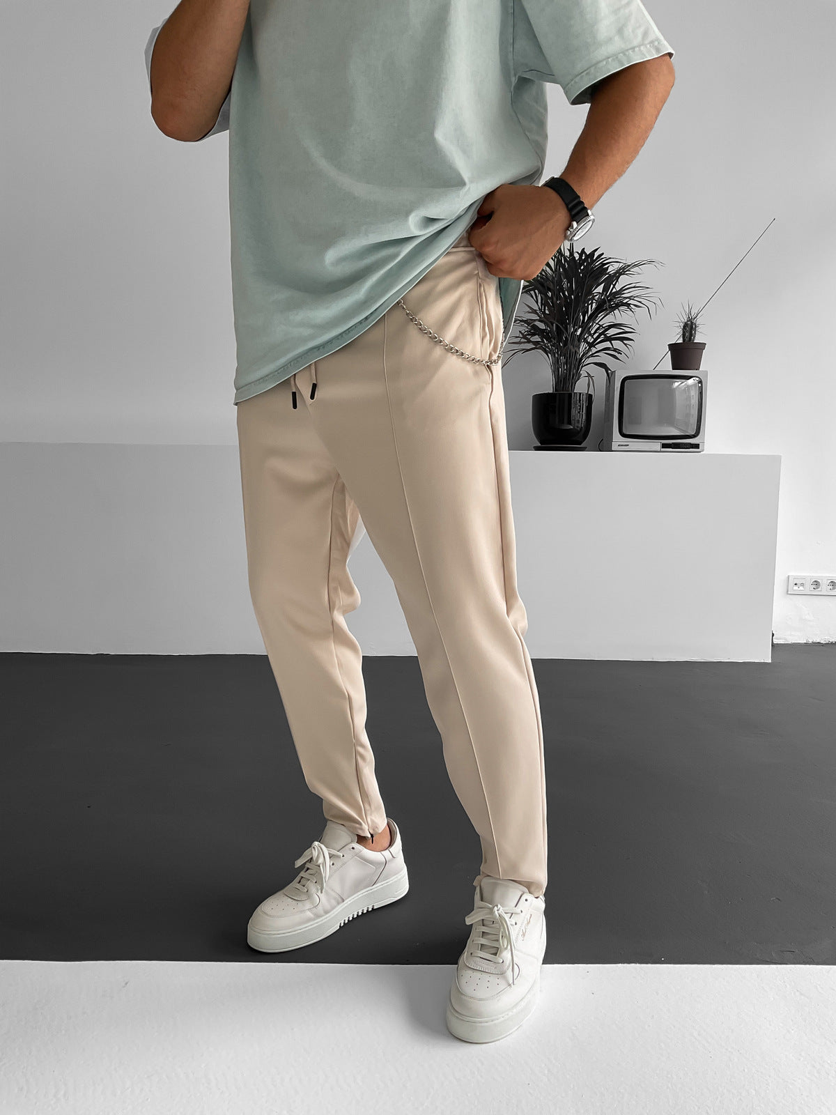 Beige Stitched Zippered Comfortable Cut Trousers