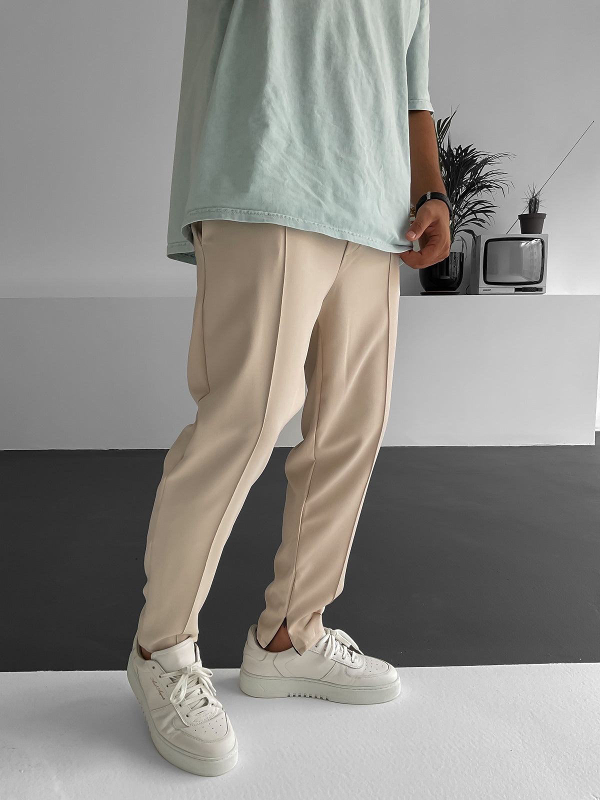 Beige Stitched Zippered Comfortable Cut Trousers