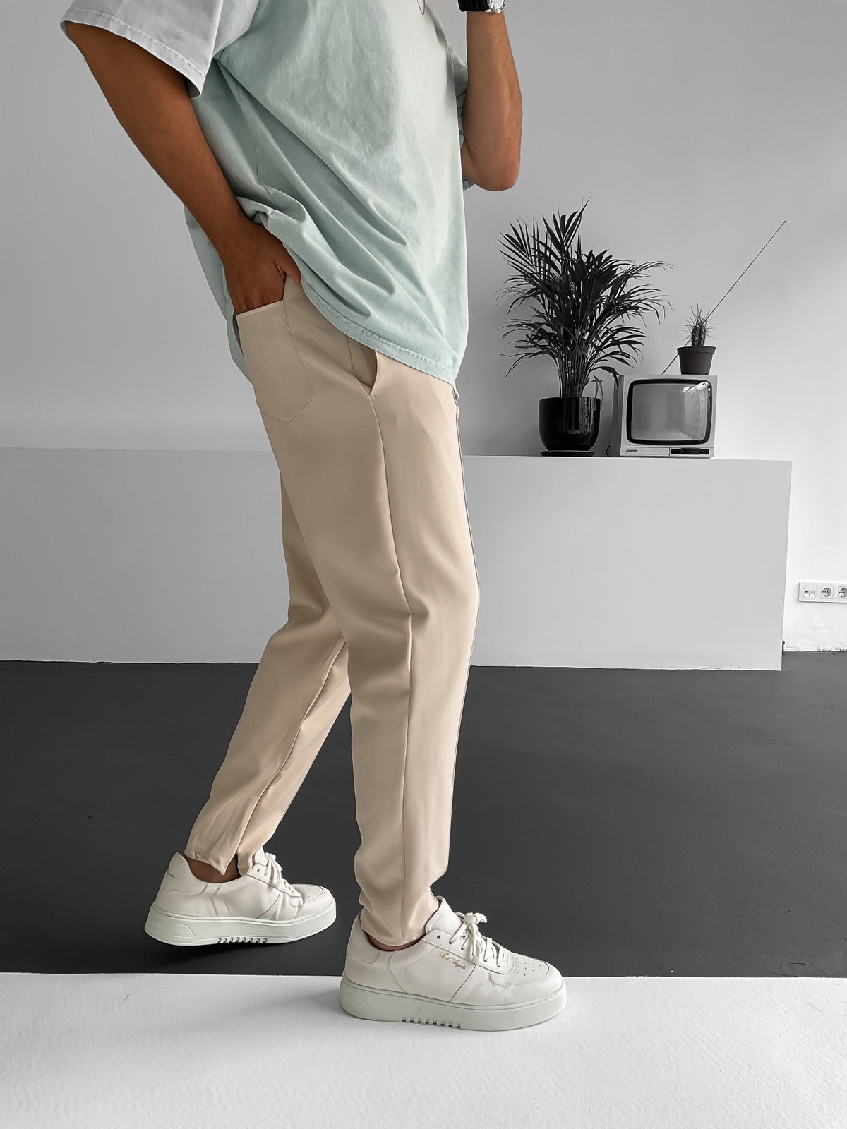 Beige Stitched Zippered Comfortable Cut Trousers