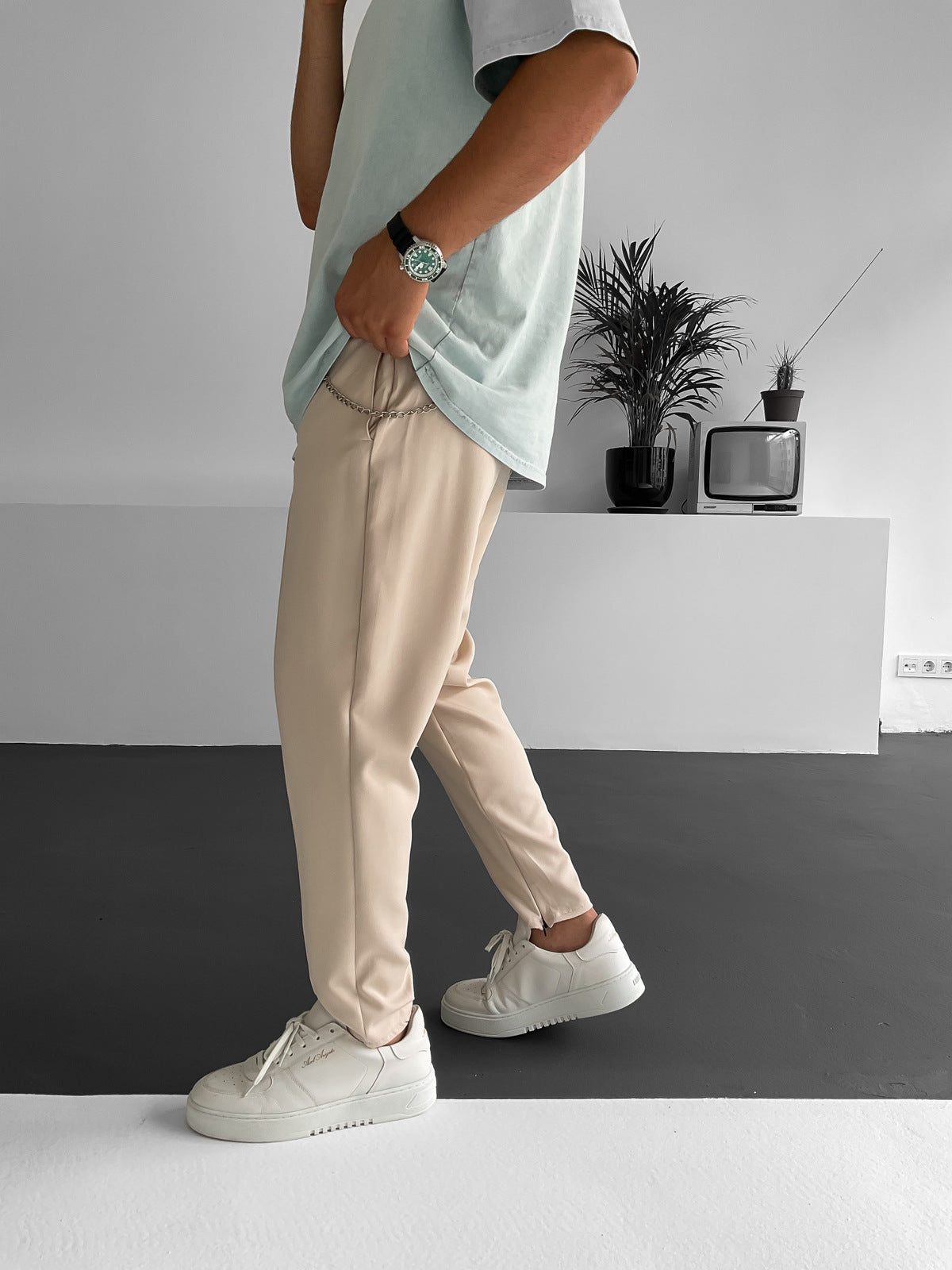 Beige Stitched Zippered Comfortable Cut Trousers