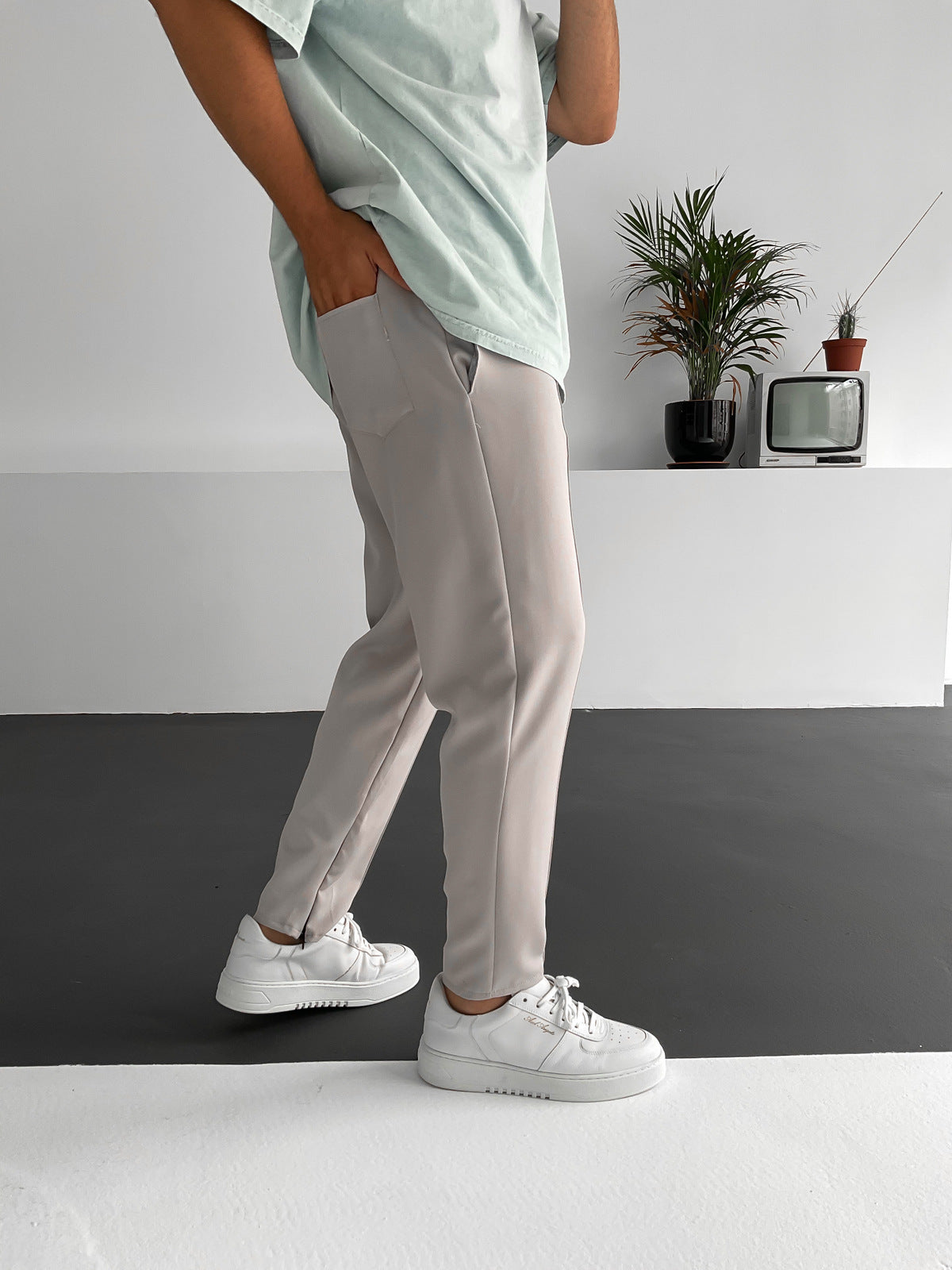 Gray Stitched Zippered Comfortable Cut Trousers