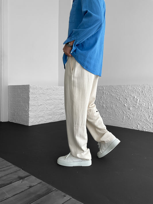 Ecru Pleated Baggy Linen Trousers