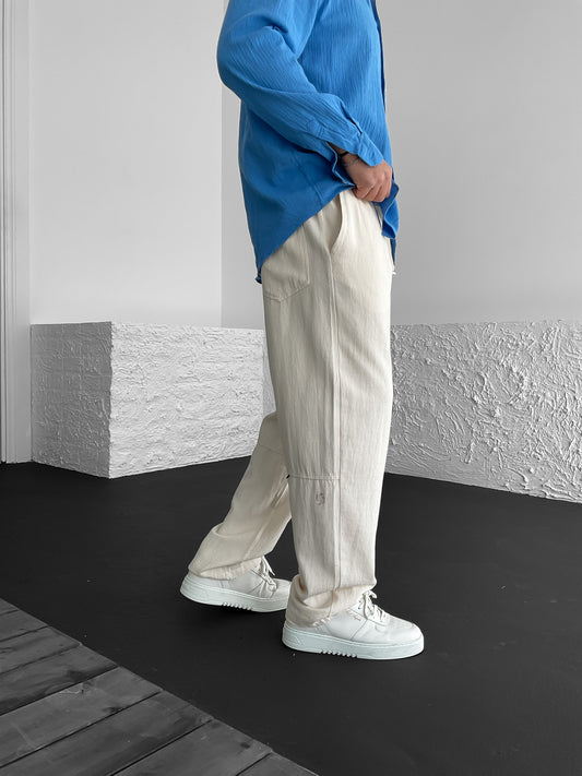 Ecru Pleated Baggy Linen Trousers