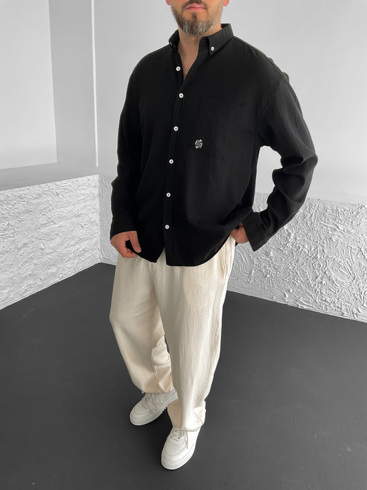 Black Pocketed Linen Shirt