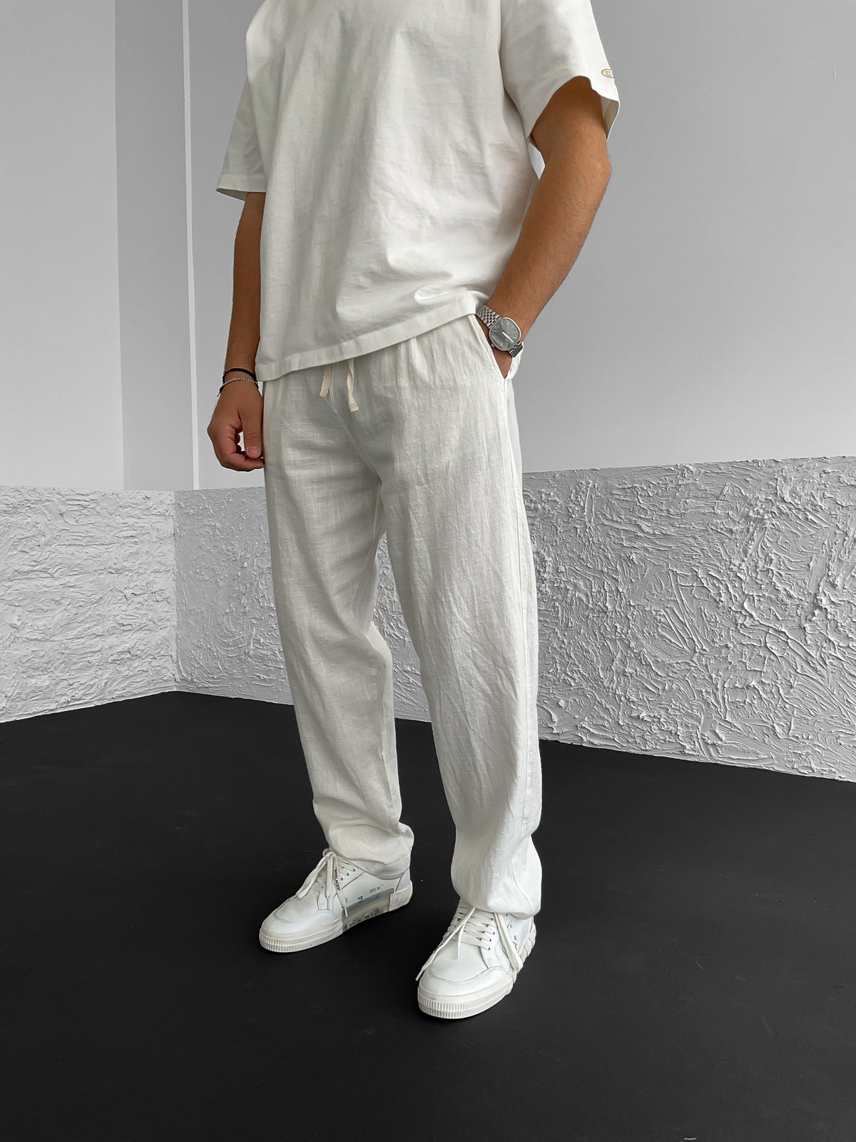 White Straight Cut Linen Trousers