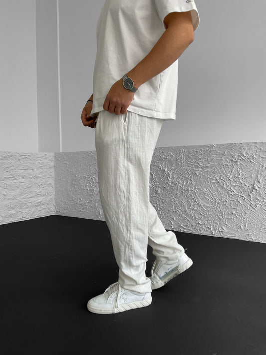 White Straight Cut Linen Trousers