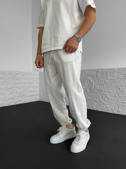 White Elastic Linen Pants