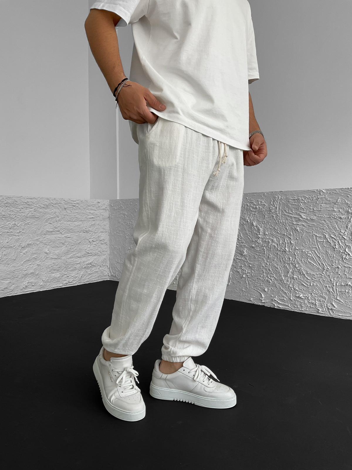 White Elastic Linen Pants