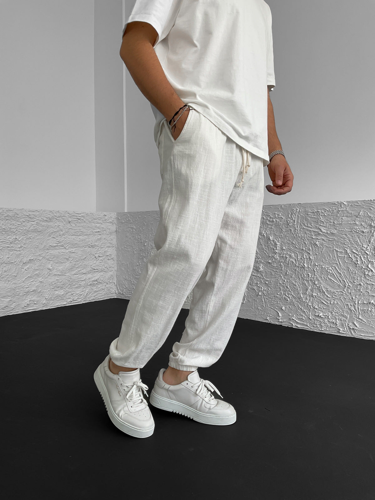 White Elastic Linen Pants