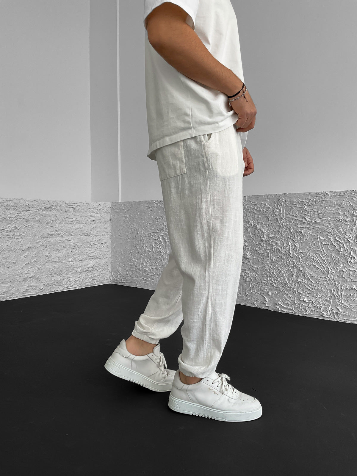 White Elastic Linen Pants