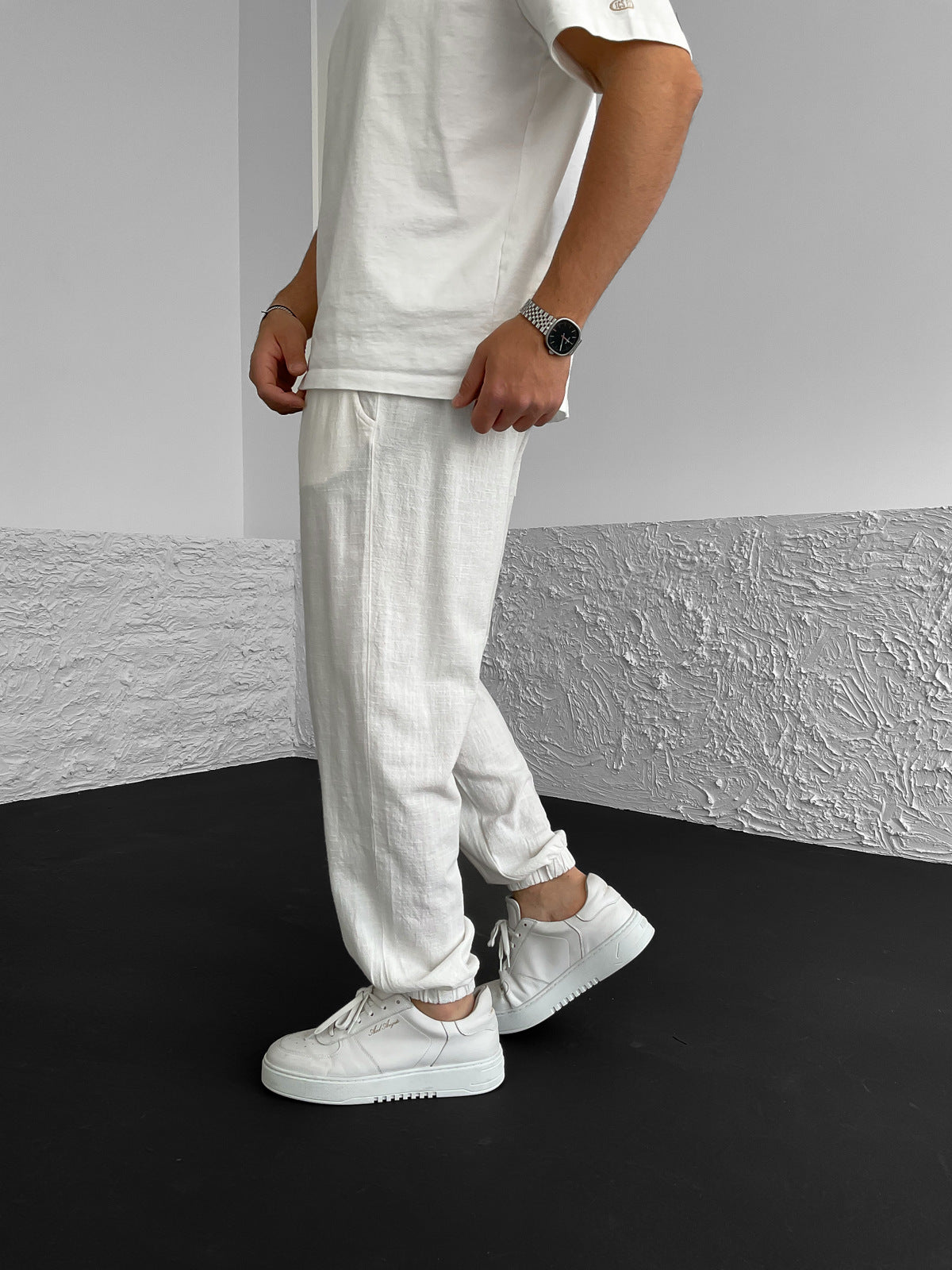 White Elastic Linen Pants