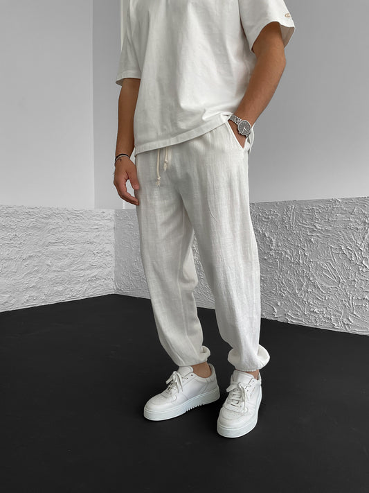White Elastic Linen Pants