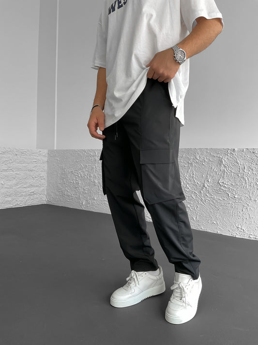 Black Cross Stitched Parachute Cargo Pants