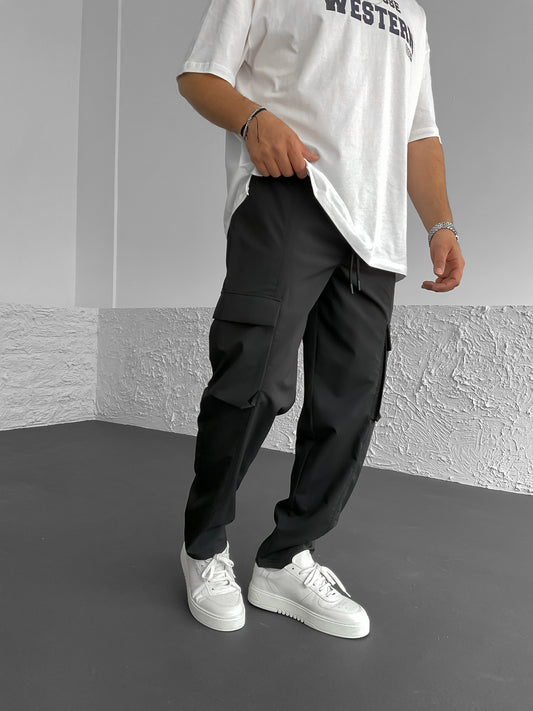 Black Cross Stitched Parachute Cargo Pants