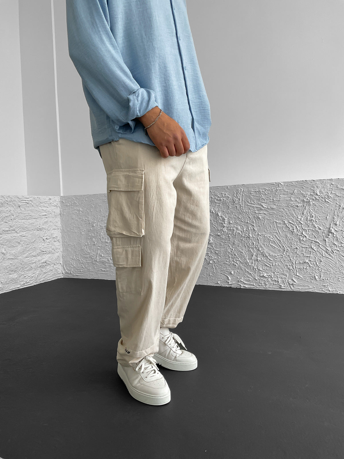 Beige Linen Cargo Pants