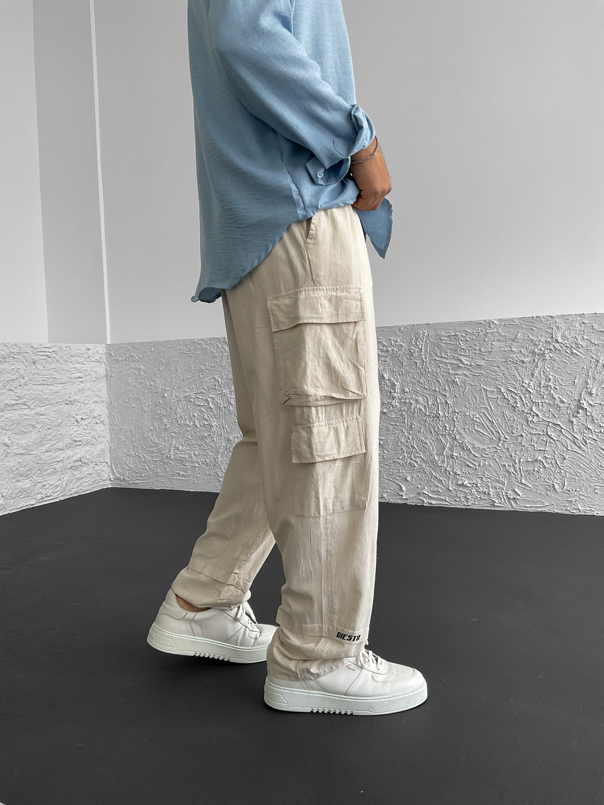 Beige Linen Cargo Pants