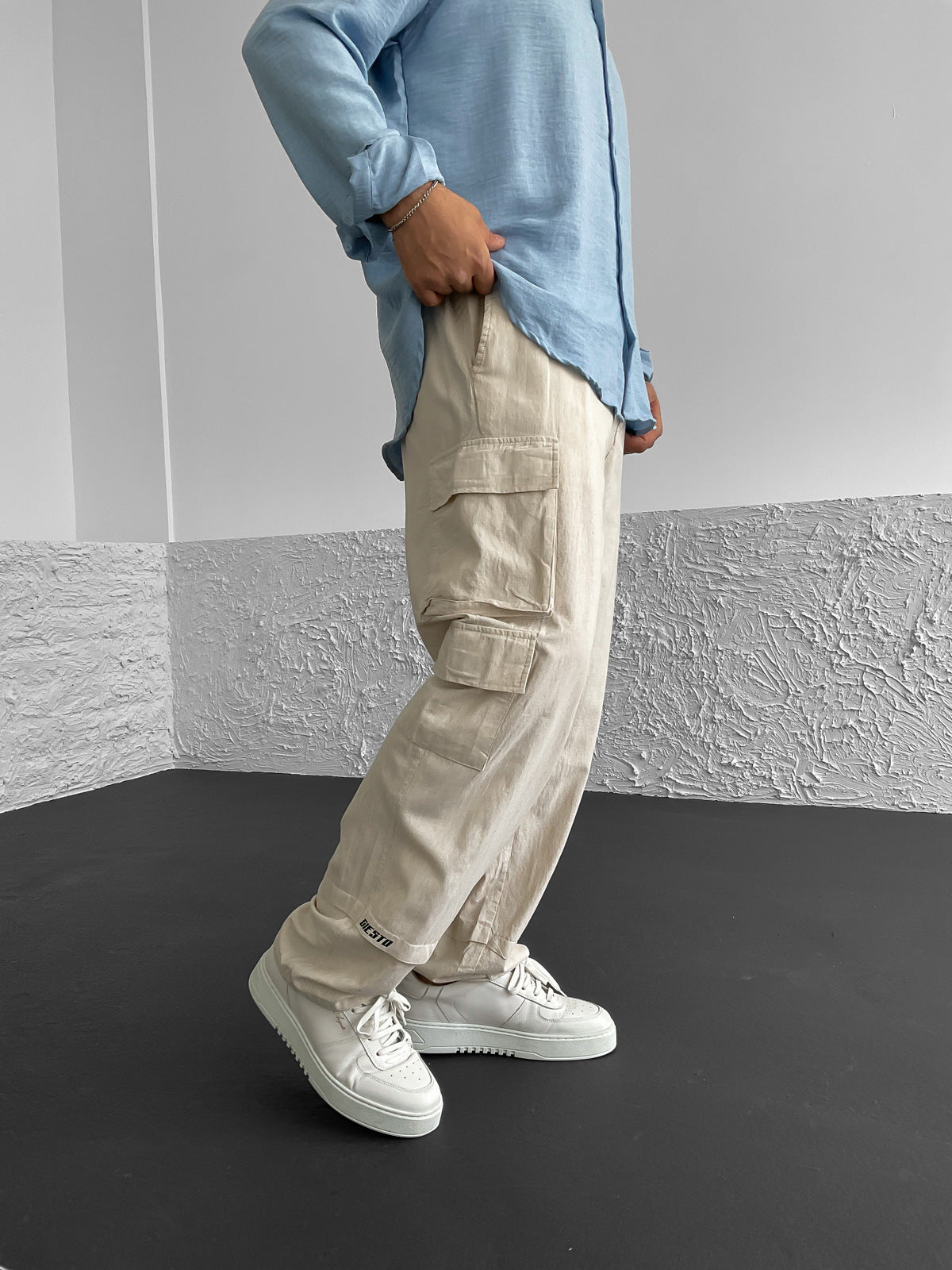 Beige Linen Cargo Pants