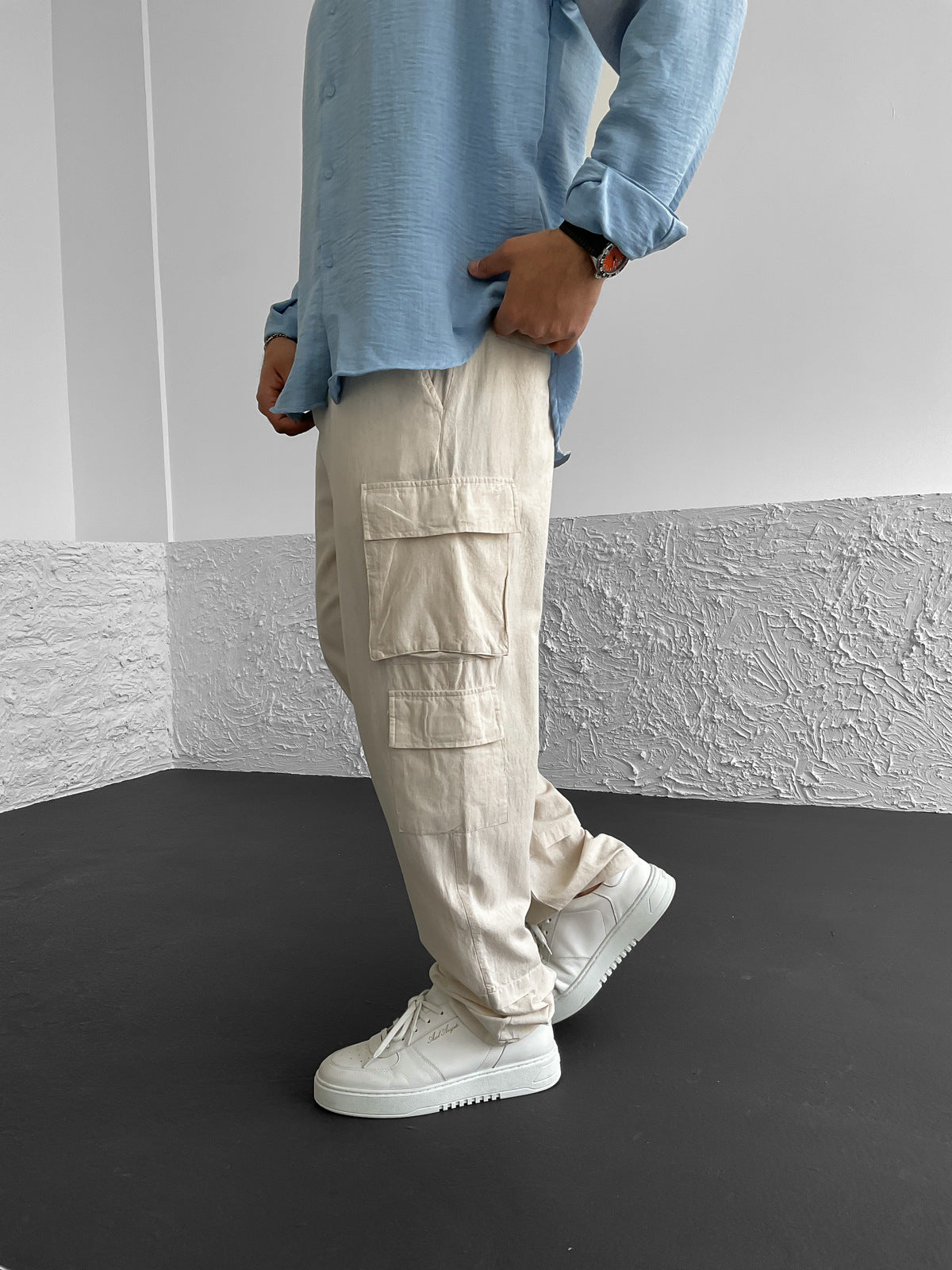 Beige Linen Cargo Pants