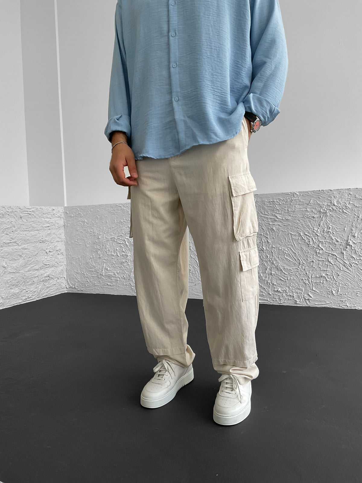 Beige Linen Cargo Pants