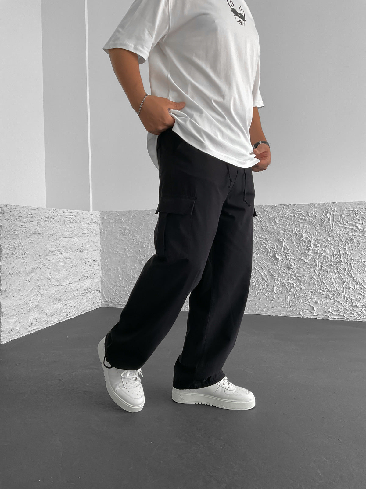 Black Leg Drawstring Cargo Trousers