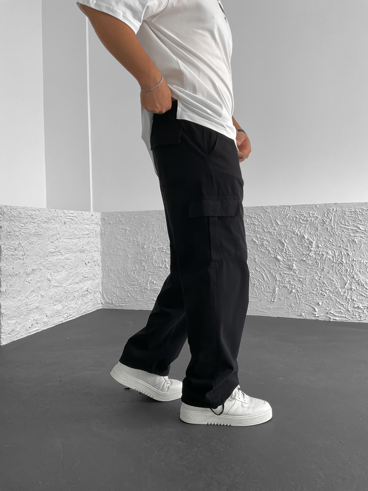 Black Leg Drawstring Cargo Trousers