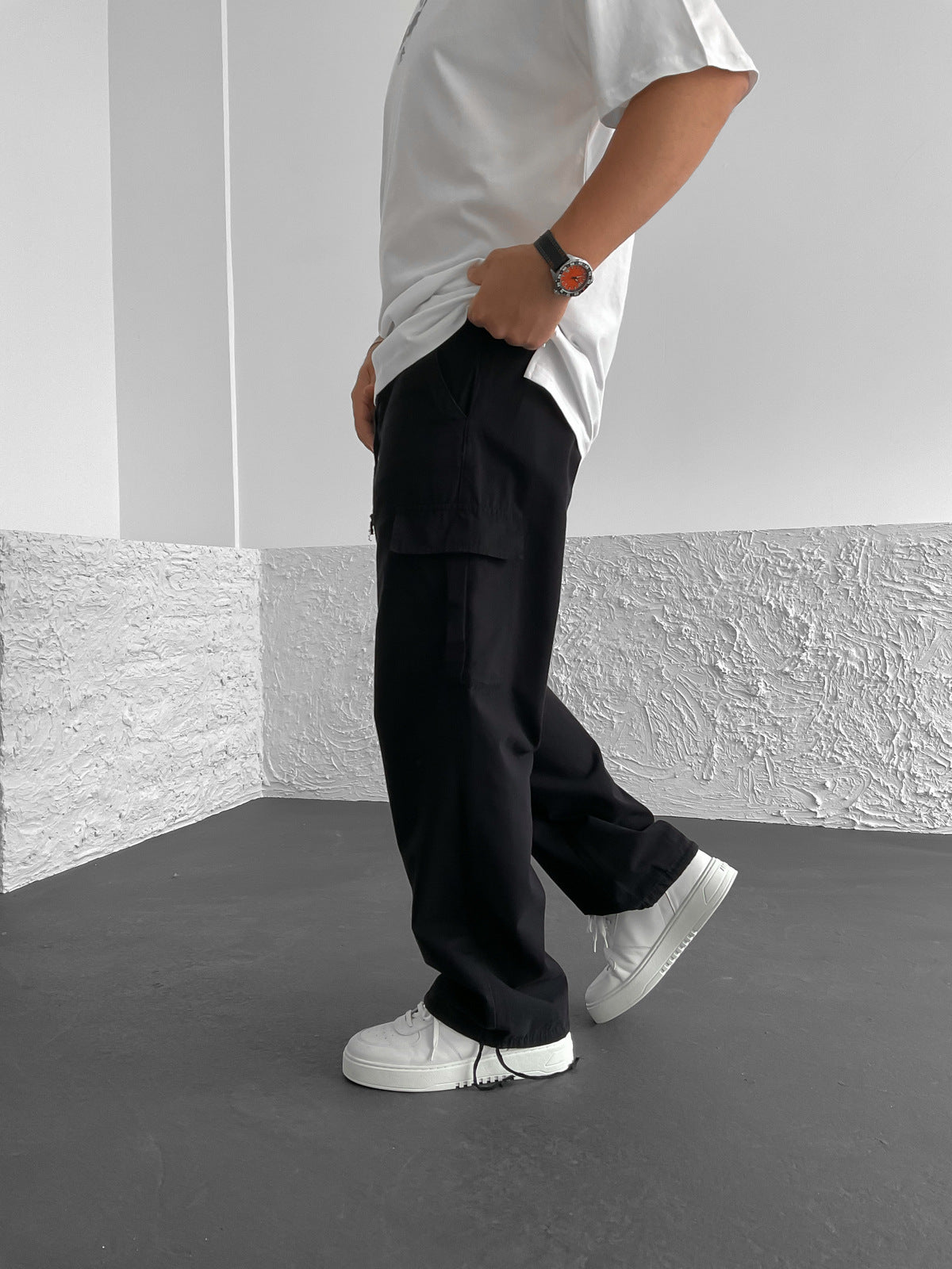 Black Leg Drawstring Cargo Trousers