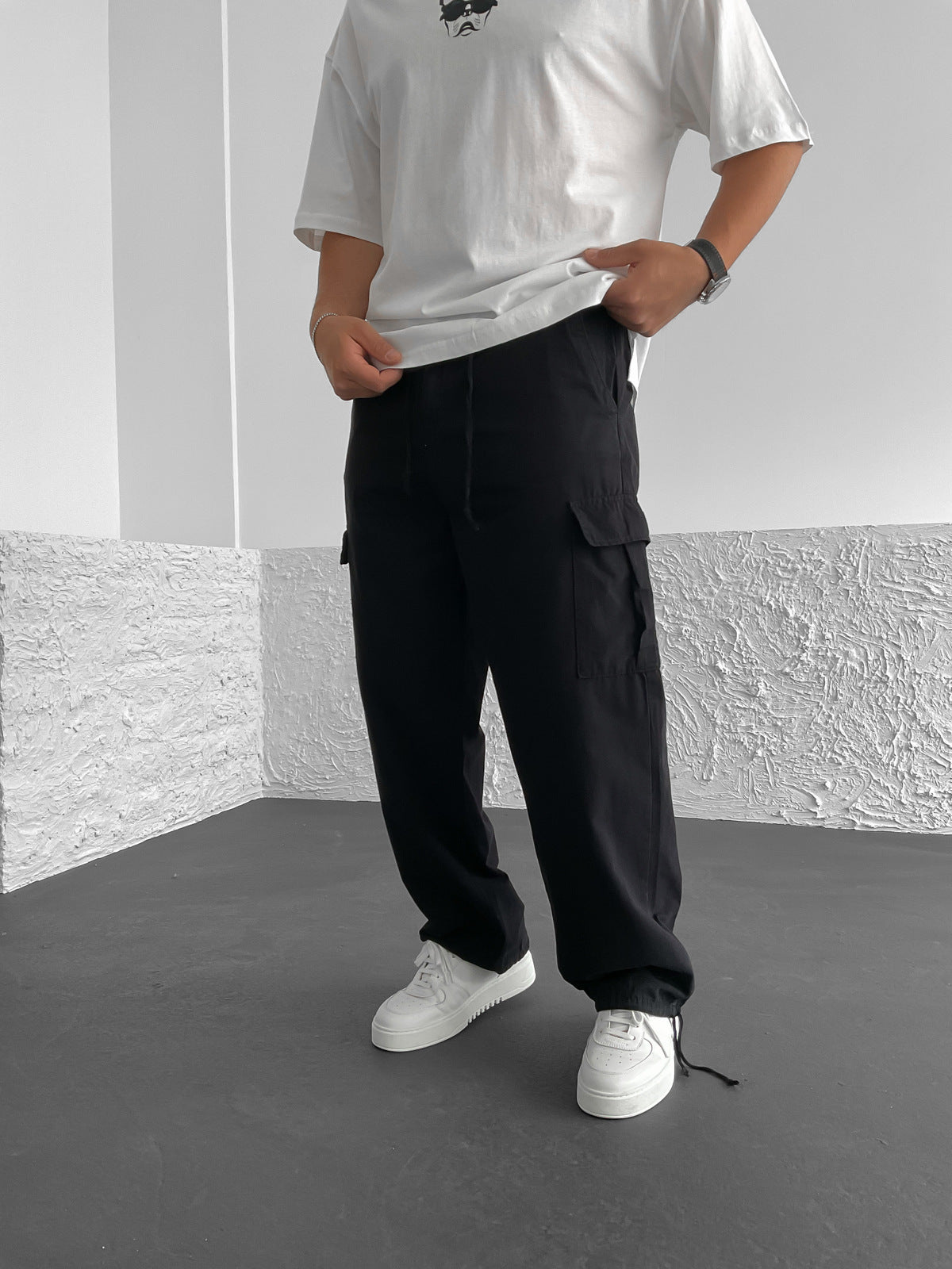 Black Leg Drawstring Cargo Trousers