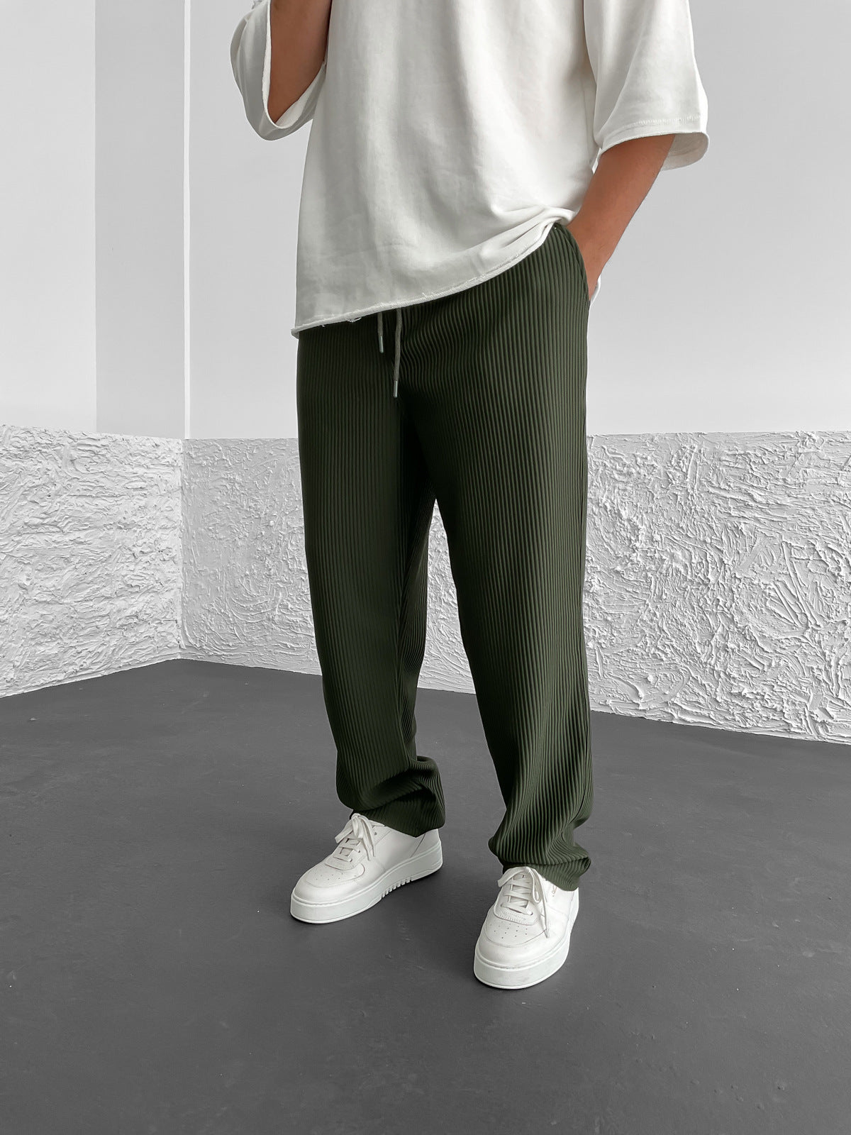 Dark Green Ribbed Tube Leg Trousers