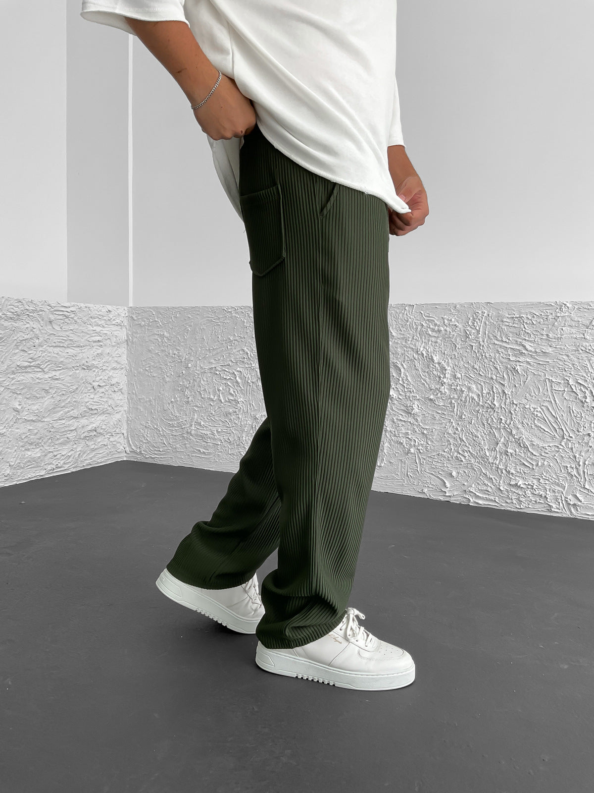 Dark Green Ribbed Tube Leg Trousers