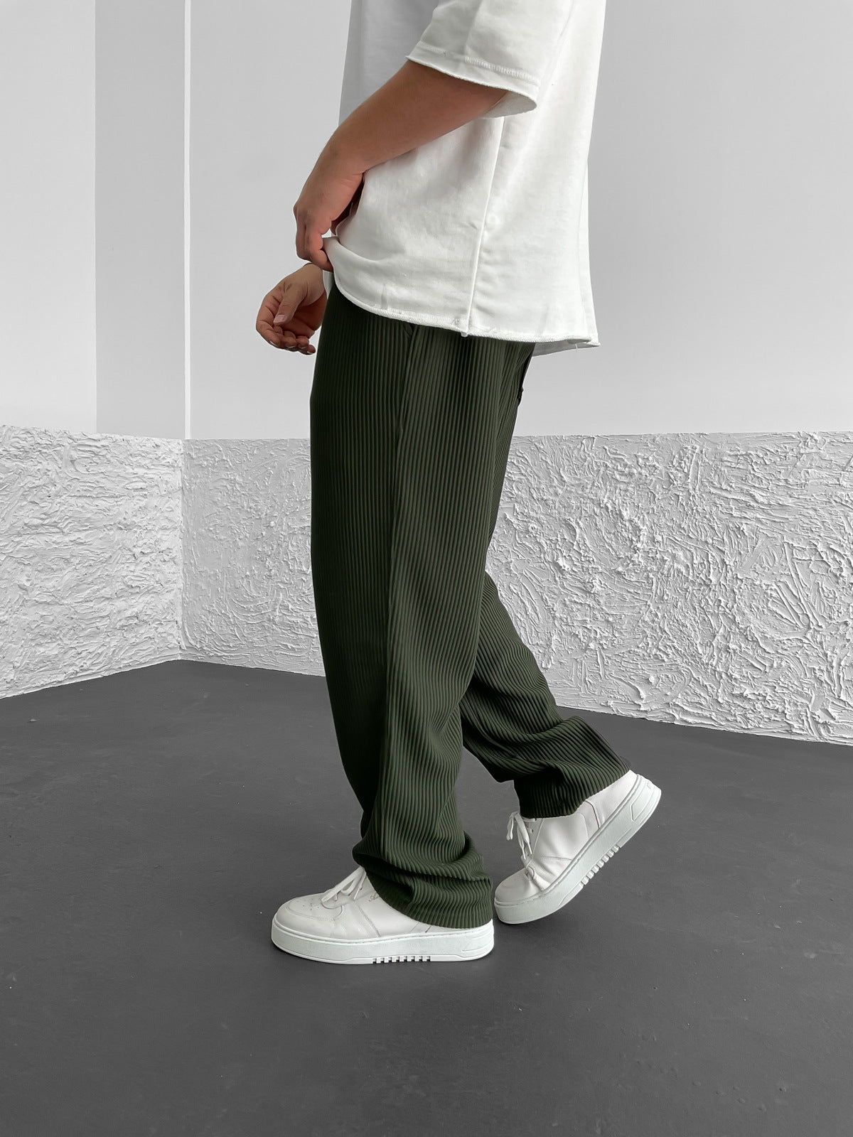 Dark Green Ribbed Tube Leg Trousers