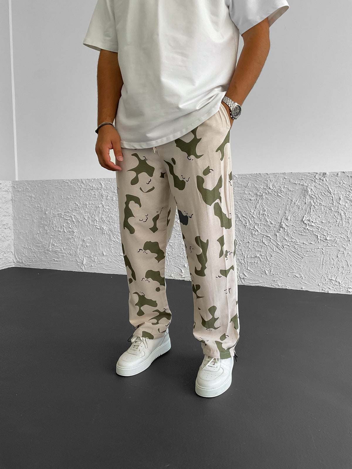 Ecru Khaki Patterned Stopper Linen Trousers