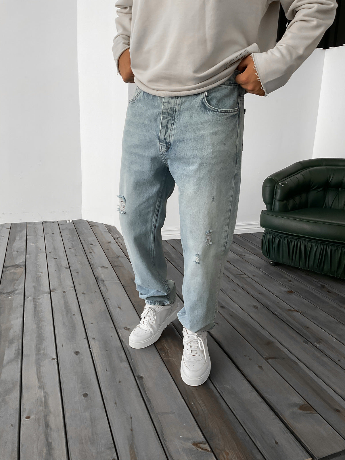 Light Blue Ripped Baggy Trousers