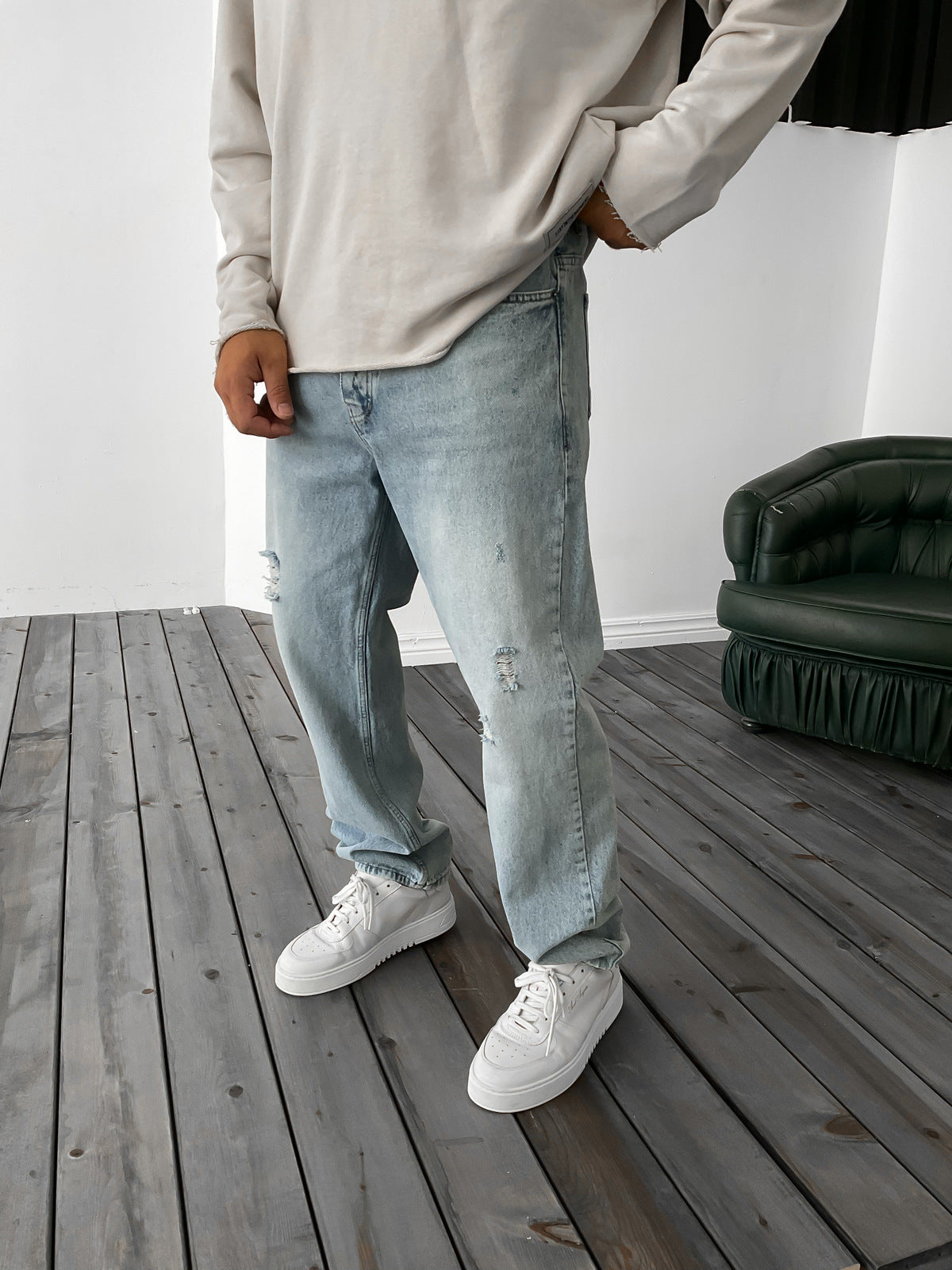 Light Blue Ripped Baggy Trousers