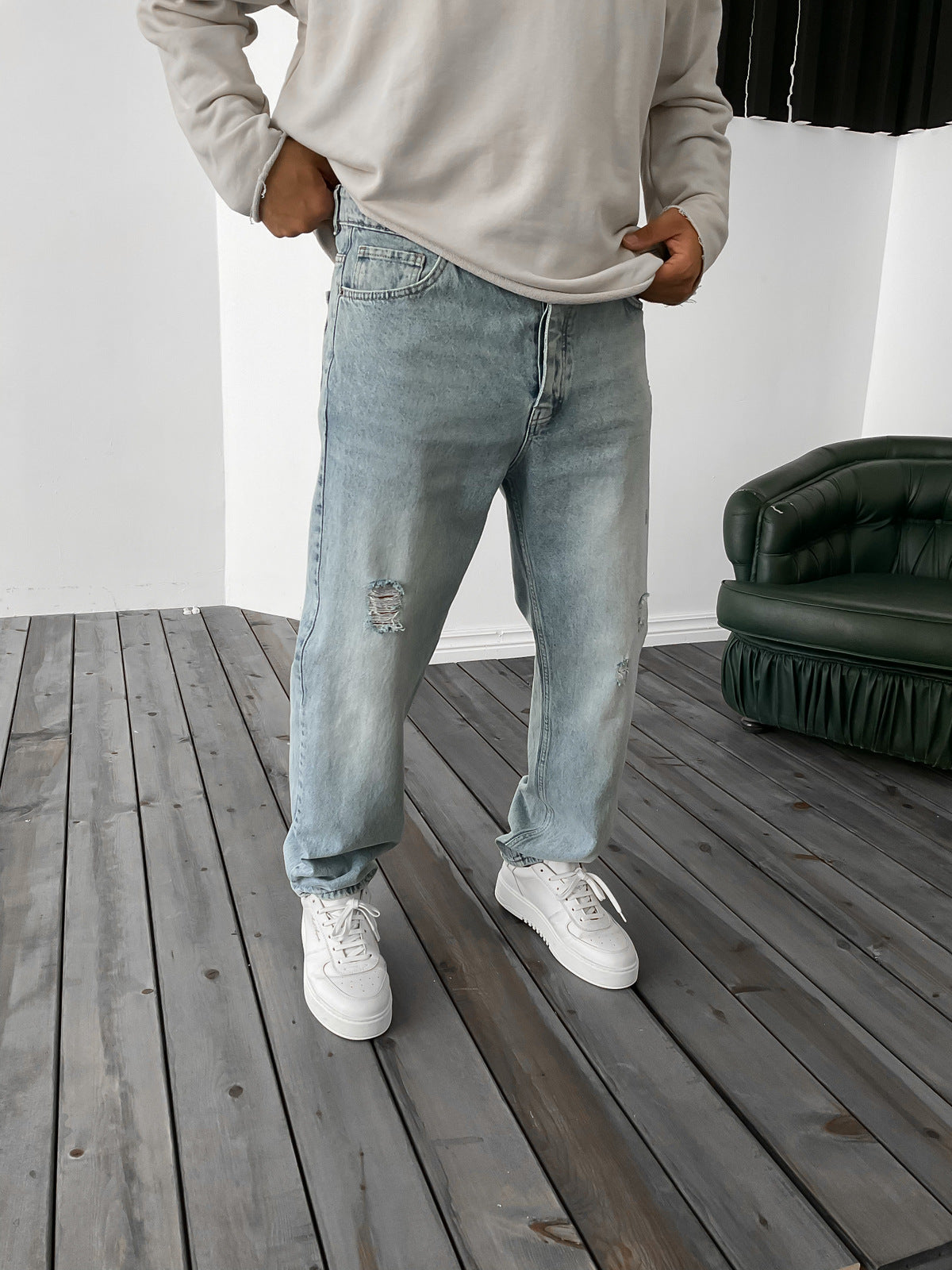 Light Blue Ripped Baggy Trousers