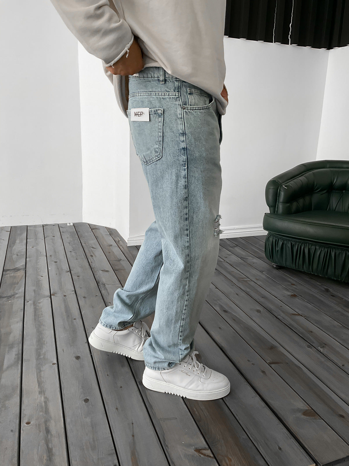 Light Blue Ripped Baggy Trousers