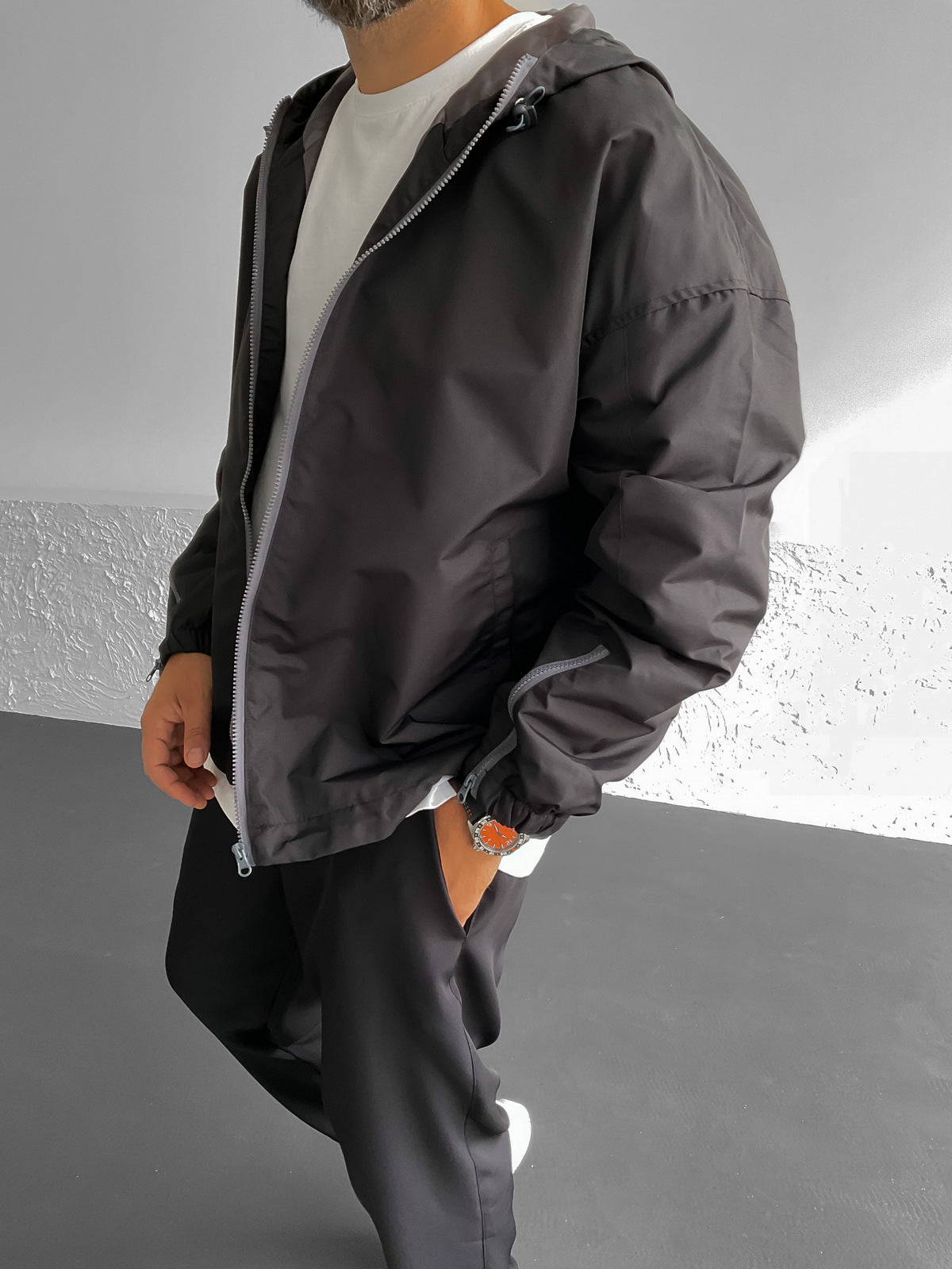 Black Hooded Zippered Basic Jacket