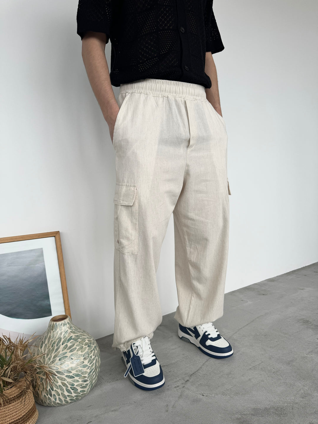 LOOSE FIT LINEN CARGO TROUSERS | CREAM