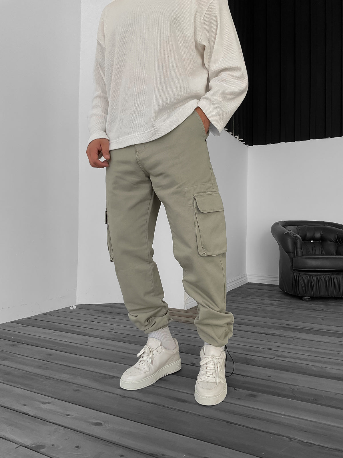 Light Khaki Leg Drawstring Cargo Trousers