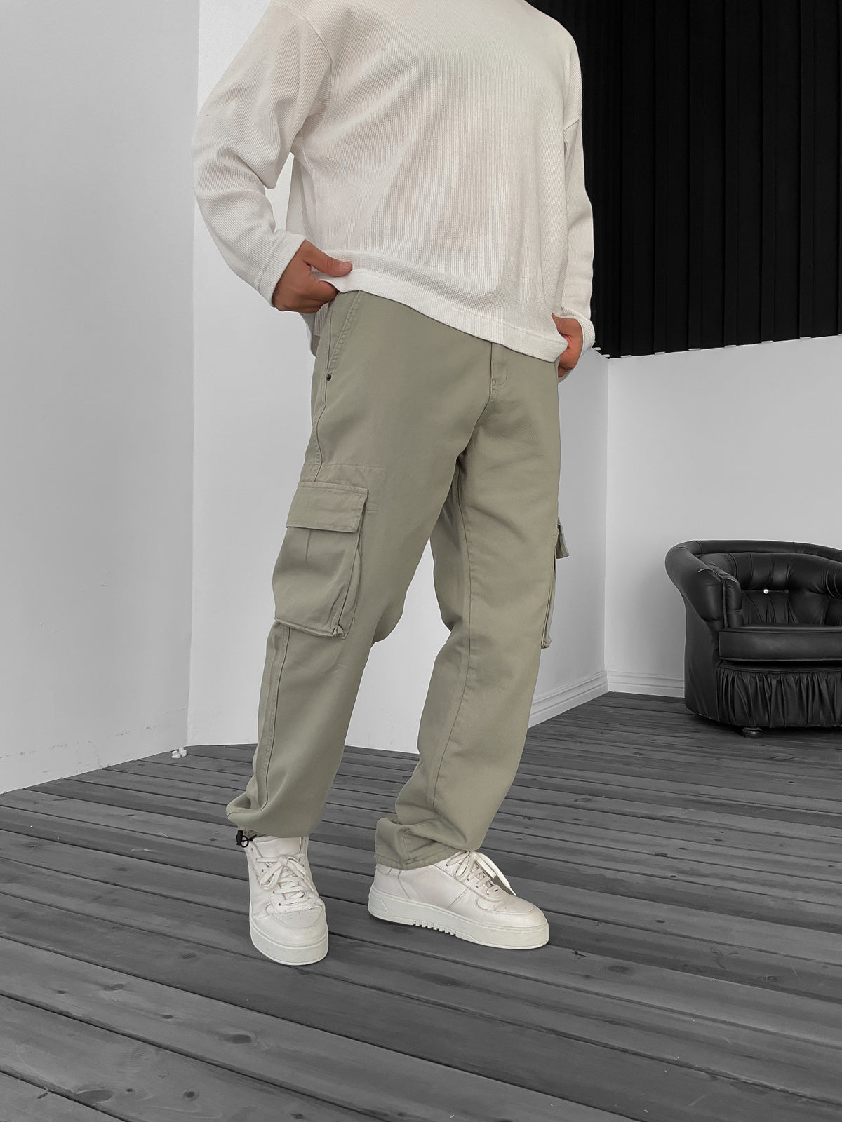 Light Khaki Leg Drawstring Cargo Trousers