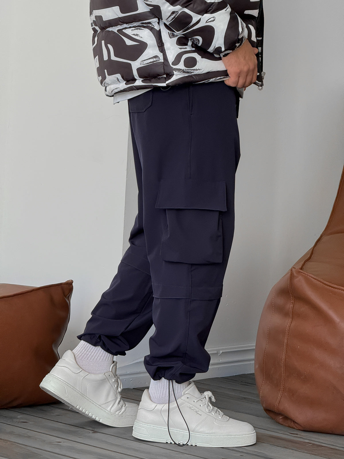 Navy Blue Parachute Cargo Stopper Trousers