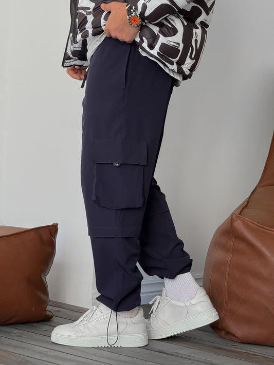 Navy Blue Parachute Cargo Stopper Trousers