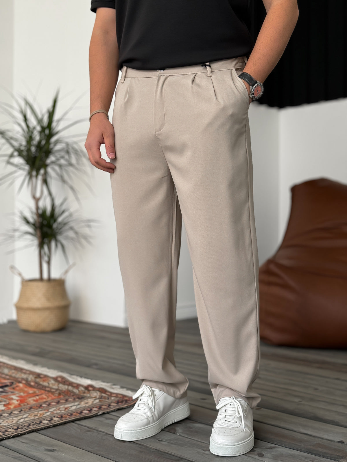 Beige Loose Patterned Fabric Trousers