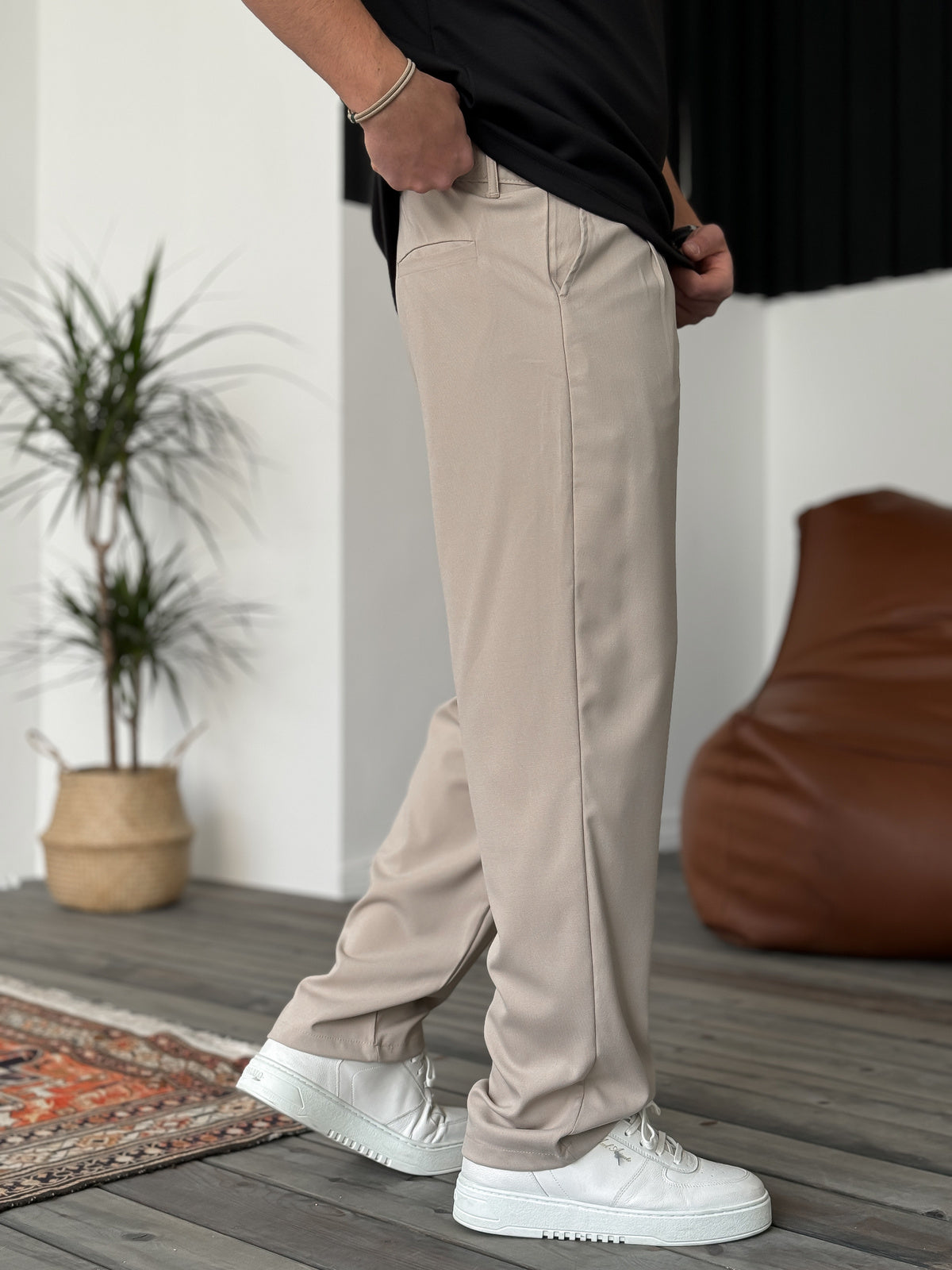 Beige Loose Patterned Fabric Trousers