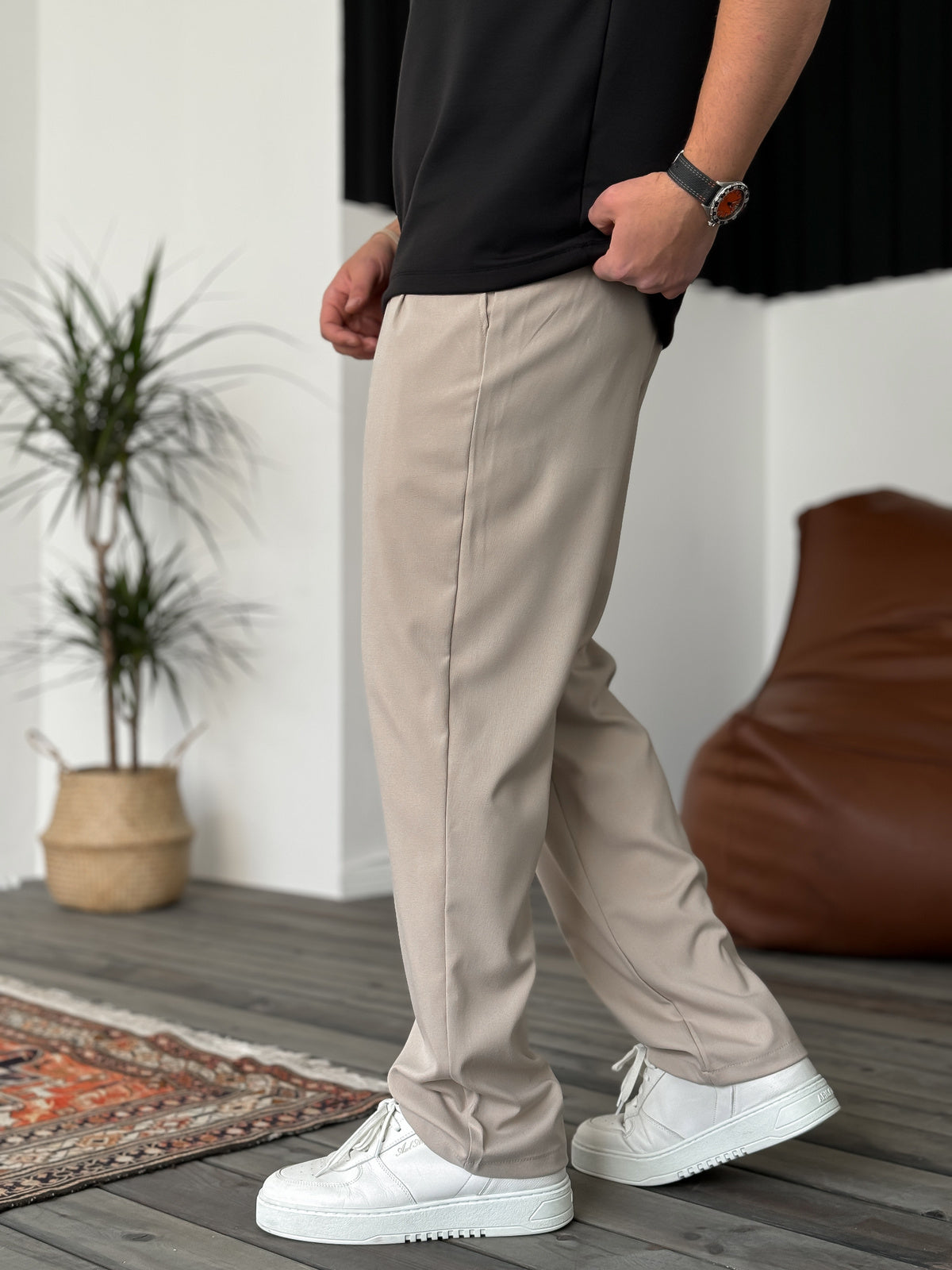 Beige Loose Patterned Fabric Trousers